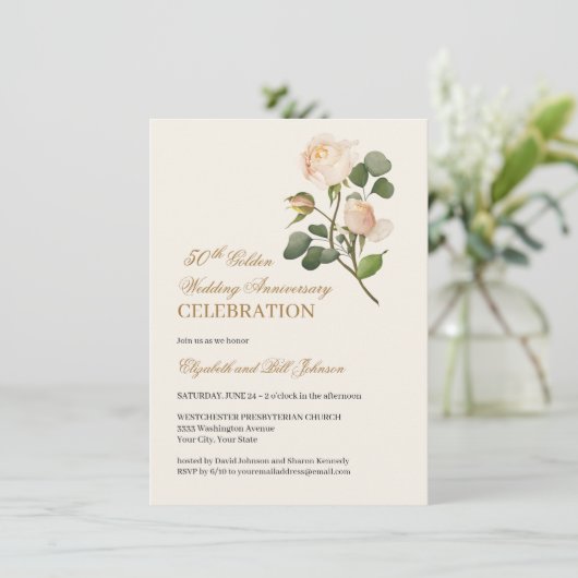 フローラホワイトローズ金ゴールド50結婚周年記念 招待状 (スタンド正面)