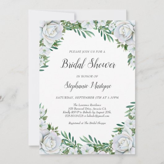 フローラホワイトローゼズグリーナリーリーフブライダルシャワー 招待状 (正面)