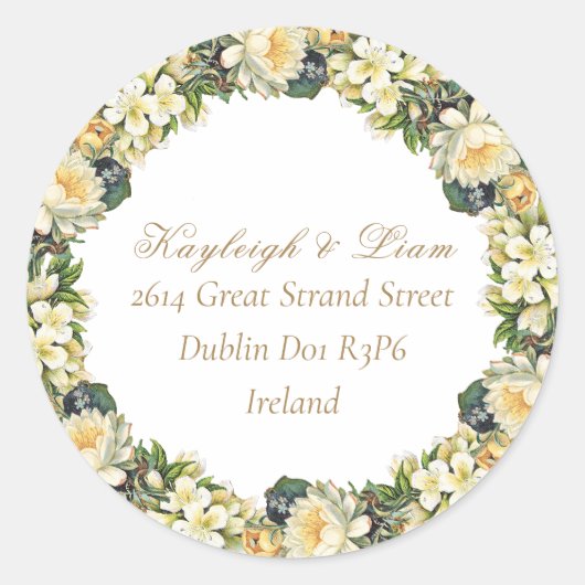 フローラホワイト差出人住所結婚ステッカー ラウンドシール (正面)