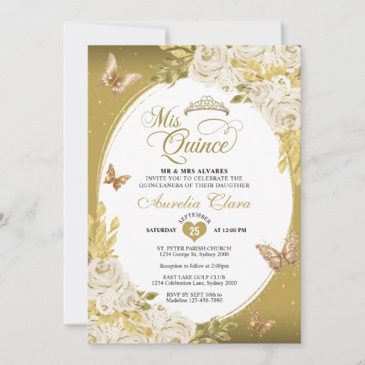 フローラホワイト金ゴールドティアラバタフライミキンセアニラ 招待状 (正面)