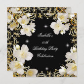 フローラホワイト金ゴールドブラックエリートウィメンズ誕生日 招待状 (正面/裏面)