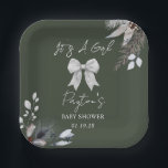 フローラボウウィンターガールグリーンベビーシャワーウェルカム ペーパープレート<br><div class="desc">女子の赤ちゃんシャワーテーマの右上と下に冬の植物学を離れ特集。トップは白い弓のイラストレーションを備えている。背景は濃い緑。</div>