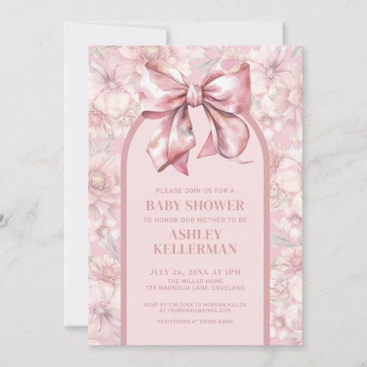 フローラボウピンクの女の子の赤ちゃんシャワー 招待状 (正面)