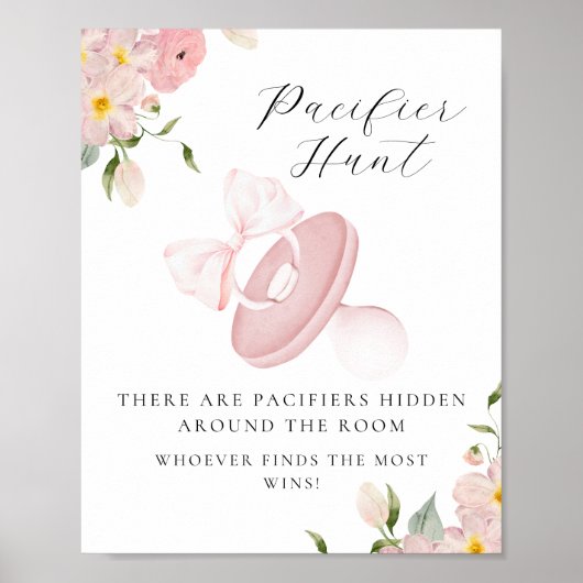 フローラボウベビーシャワーおしゃぶり狩りゲームサイン ポスター (正面)