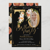 フローラボカスタムホ金ゴールドフォトブラック70誕生日 招待状 (正面/裏面)