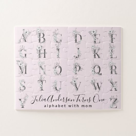 フローラボタニカルアルファベットカスタム文字ピンク ジグソーパズル (横)