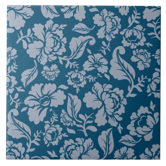 フローラボタニカルパターンブルーホワイトホームリビング タイル (正面)