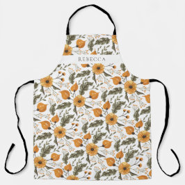フローラボタニカルパターンホワイトゴールデン名前をカスタムする エプロン