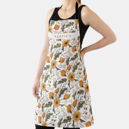 フローラボタニカルパターンホワイトゴールデン名前をカスタムする エプロン