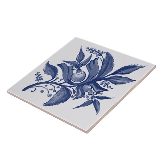 フローラボタニカルブルーホワイトヴィンテージフォークデザイン タイル (側面)