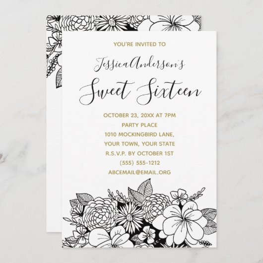 フローラボタニカル白黒金ゴールドスウィート16 招待状 (正面/裏面)