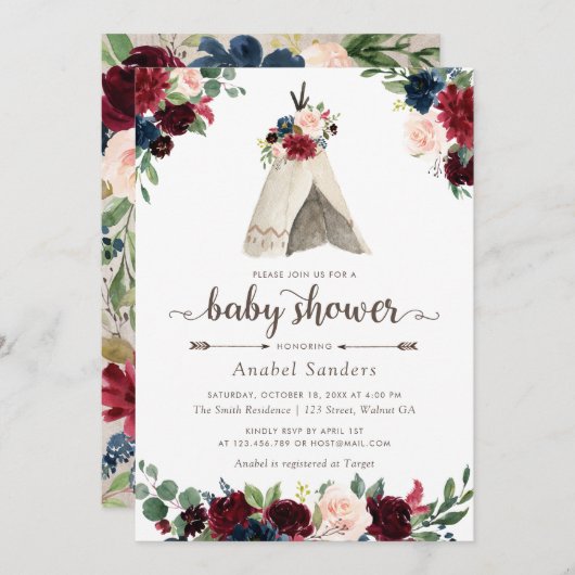 フローラボホテペシックアローズ部族ベビースシャワー 招待状 (正面/裏面)