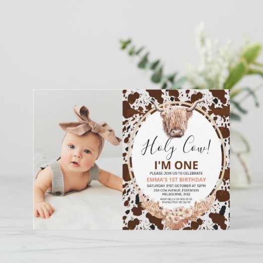 フローラボホハイランドカウカプリント写真1歳の誕生日 招待状 (スタンド正面)