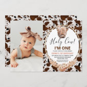 フローラボホハイランドカウカプリント写真1歳の誕生日 招待状 (正面/裏面)