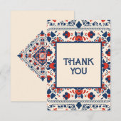 フローラボホフォークアートデザインレッドホワイトとブルー サンキューカード (正面/裏面)