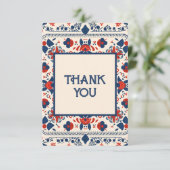フローラボホフォークアートデザインレッドホワイトとブルー サンキューカード (スタンド正面)