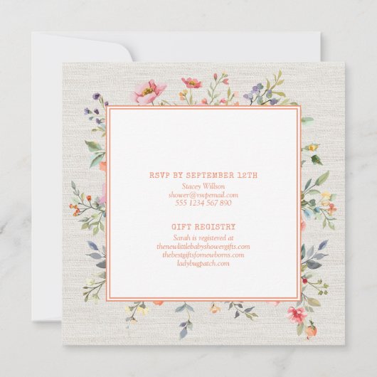 フローラボホ素朴ボタニカルスクウェア赤ちゃんシャワー 招待状 (裏面)