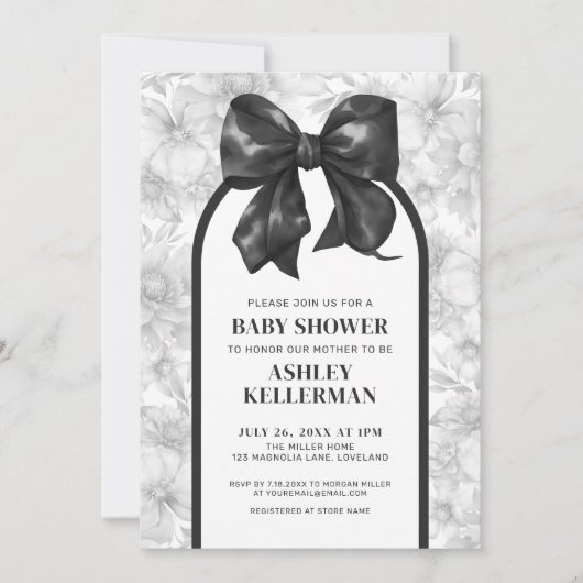 フローラボーエレガント白黒ベビースシャワー 招待状 (正面)