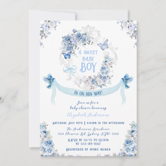 フローラボークレスト甘い男の赤ちゃんベビーシャワー 招待状 (正面)