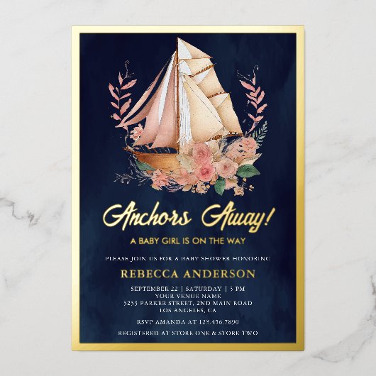 フローラボー航海のトガールベビーシャワー海軍金ゴールド 箔招待状 (正面)
