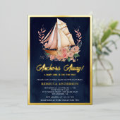 フローラボー航海のトガールベビーシャワー海軍金ゴールド 箔招待状 (立ち正面)
