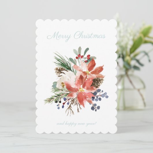 フローラポインセチア淡い青の格子模様チェッククリスマス シーズンカード (スタンド正面)