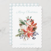 フローラポインセチア淡い青の格子模様チェッククリスマス シーズンカード (正面/裏面)