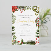 フローラポインセチア緑のクリスマスパーティー金ゴールド 箔招待状 (立ち正面)
