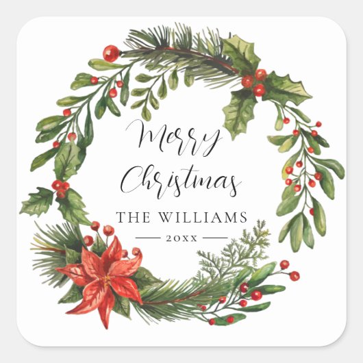 フローラポインセチア緑のファミリークリスマスカスタム スクエアシール (正面)
