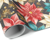 フローラポインセチア・クリスマスデザイナーレッドターコイズ ラッピングペーパー (ロールコーナー)