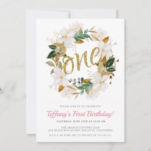 フローラマグノリアピンクと金ゴールド1歳の誕生日パーティー 招待状 (正面)