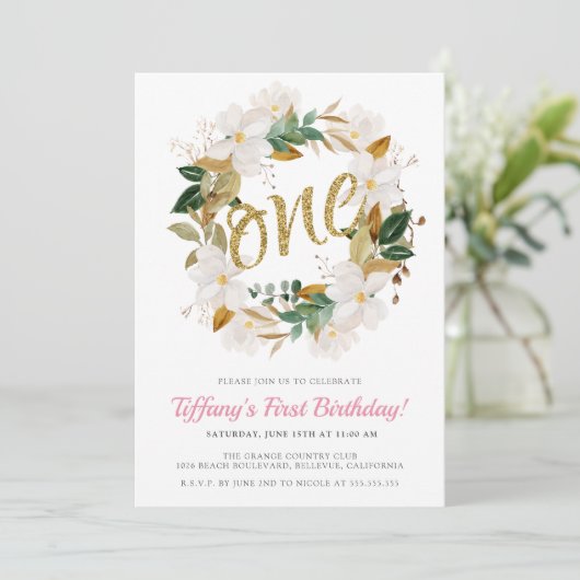 フローラマグノリアピンクと金ゴールド1歳の誕生日パーティー 招待状 (スタンド正面)