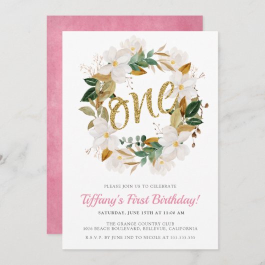 フローラマグノリアピンクと金ゴールド1歳の誕生日パーティー 招待状 (正面/裏面)