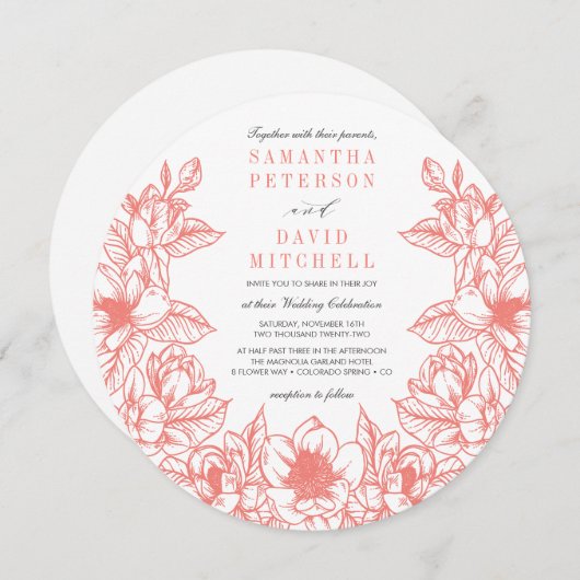 フローラマグノリアリース |コーラル | 結婚s 招待状 (正面/裏面)