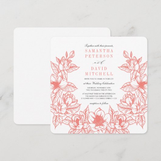 フローラマグノリアリース |コーラル | 結婚s 招待状 (正面/裏面)