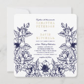 フローラマグノリアリース |青と金ゴールド | 結婚s 招待状 (正面)