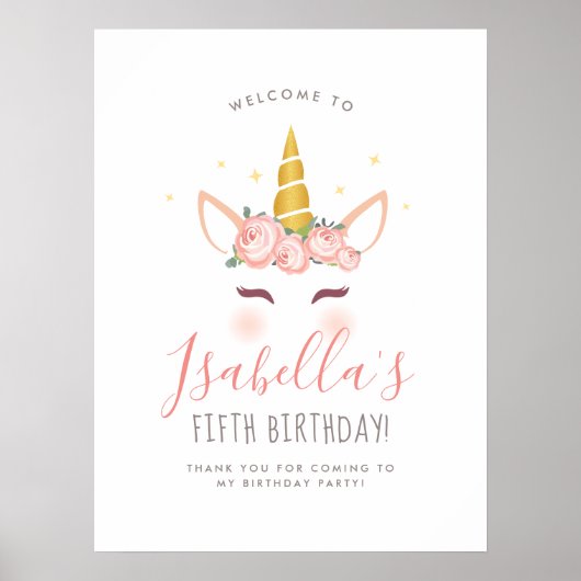 フローラマジカルユニコーン誕生日パーティー歓迎サイン ポスター (正面)