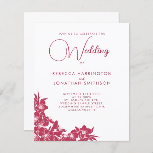 フローラマゼンタピンクバジェット結婚式招待状 (正面/裏面)