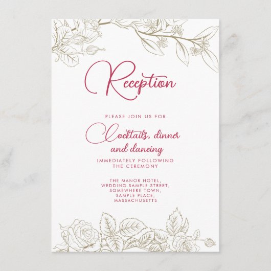 フローラマゼンタピンク金ゴールド結婚式レセプションカード エンクロージャーカード (正面)