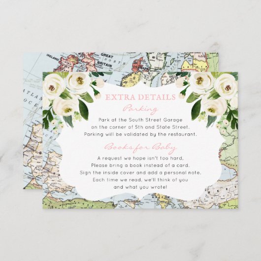 フローラマップピンク旅行テーマベビーシャワー情報 エンクロージャーカード (正面/裏面)