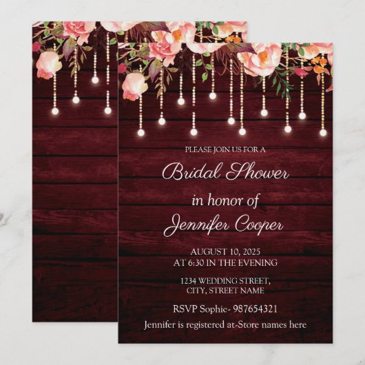 フローラマルーンウッド素朴ブライダルシャワー 招待状 (正面/裏面)