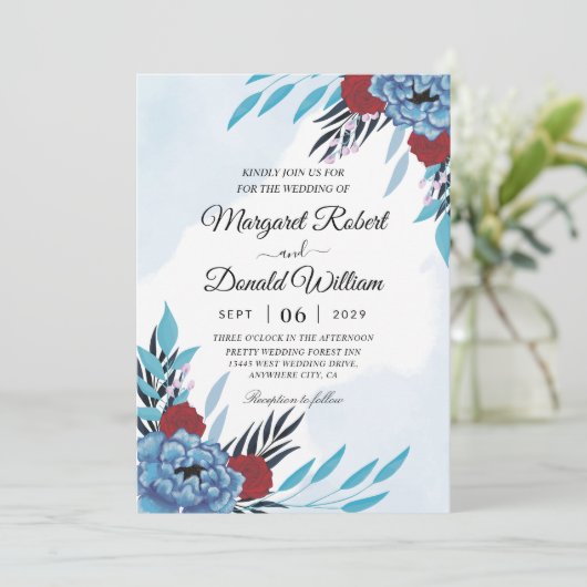 フローラマルーン及びターコイズ結婚式招待状 招待状 (スタンド正面)