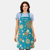 フローラマレトロフローラパーソナライズされたターコイズ エプロン (着用した状態)