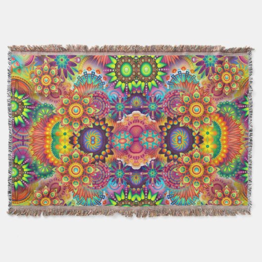フローラマンダラコラージュサイケデリック スローブランケット (正面)