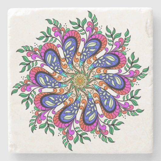 フローラマンダラデザインかわいらしイン・ブルース&ピンクス ストーンコースター (正面)