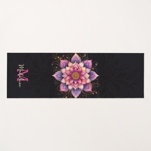 フローラマンダラピンクパープルネームエレガントモノグラム ヨガマット (正面(横))