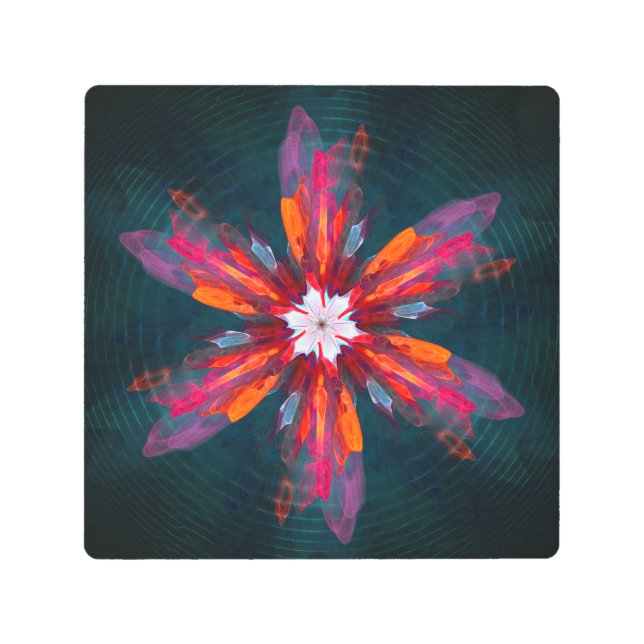 フローラマンダラフラワーオレンジレッドブルー抽象芸術 メタルプリント (正面)