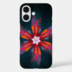 フローラマンダラフラワーオレンジレッドブルー抽象芸術 iPhone 16ケース