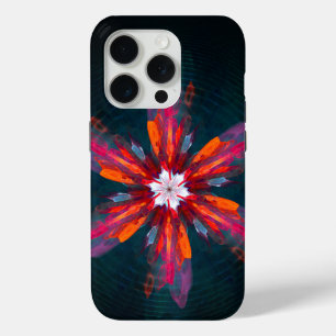 フローラマンダラフラワーオレンジレッドブルー抽象芸術 iPhone 15 PROケース