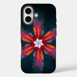 フローラマンダラフラワーオレンジレッドブルー抽象芸術 iPhone 16ケース